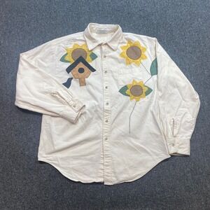 Crystal Springs Sunflower Birdhouse Applique Shirt Sz L Womens Cream Cottagecore